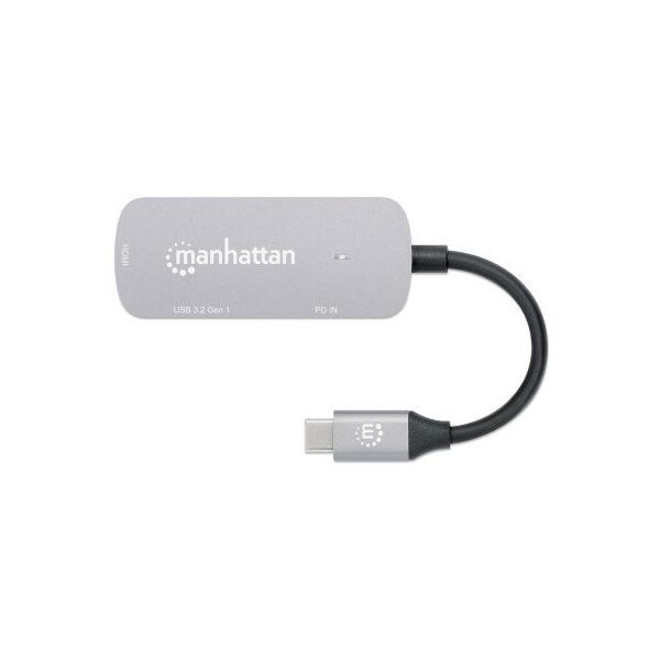 MANHATTAN USB-C 3-in-1 Μετατροπέας με Παροχή Ισχύος USB 3.2 Τύπου-C Αρσενικό σε HDMI 4K30Hz USB-A 5Gbit/s και USB-C PD 100W Αλουμίνιο Γκρι