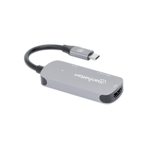 MANHATTAN USB-C 3-in-1 Μετατροπέας με Παροχή Ισχύος USB 3.2 Τύπου-C Αρσενικό σε HDMI 4K30Hz USB-A 5Gbit/s και USB-C PD 100W Αλουμίνιο Γκρι