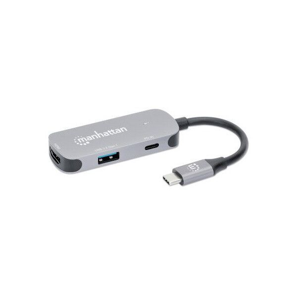 MANHATTAN USB-C 3-in-1 Μετατροπέας με Παροχή Ισχύος USB 3.2 Τύπου-C Αρσενικό σε HDMI 4K30Hz USB-A 5Gbit/s και USB-C PD 100W Αλουμίνιο Γκρι