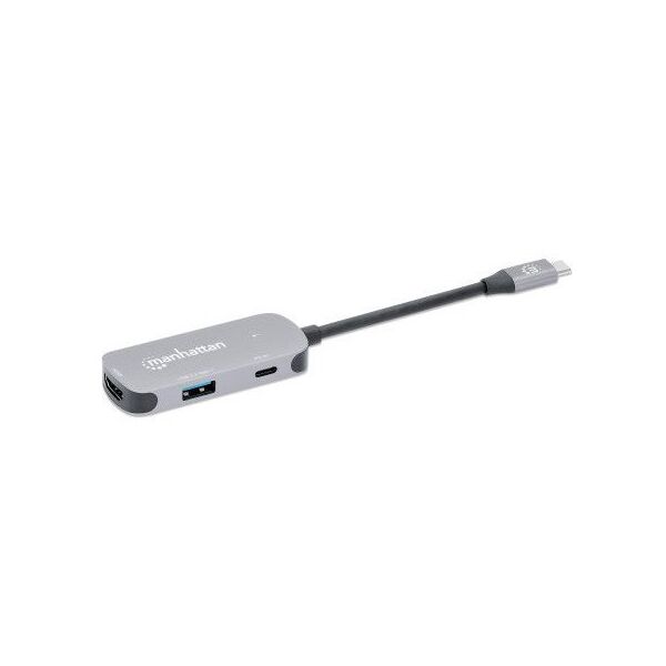 MANHATTAN USB-C 3-in-1 Μετατροπέας με Παροχή Ισχύος USB 3.2 Τύπου-C Αρσενικό σε HDMI 4K30Hz USB-A 5Gbit/s και USB-C PD 100W Αλουμίνιο Γκρι