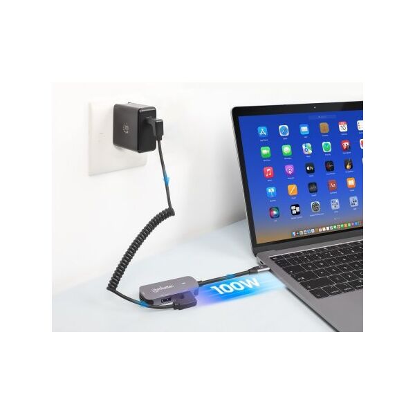 MANHATTAN USB-C 3-in-1 Μετατροπέας με Παροχή Ισχύος USB 3.2 Τύπου-C Αρσενικό σε HDMI 4K30Hz USB-A 5Gbit/s και USB-C PD 100W Αλουμίνιο Γκρι