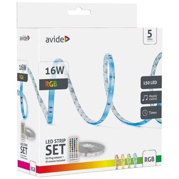 Σετ ταινίας LED Avide, IP65, 150LED, RGB, 16W, ελεγκτής μουσικής, χρονοδιακόπτης, με τηλεχειριστήριο, 5m