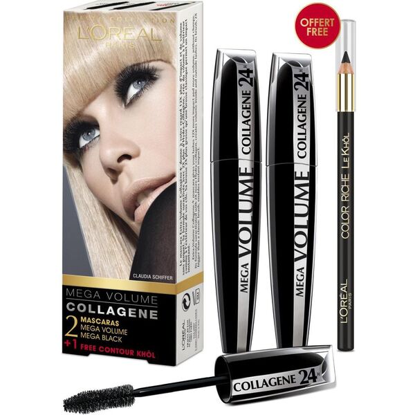 L’Oreal Paris Mascara Mega Volume Collagene 24h Zestaw dla kobiet 2x 9ml Mascara Mega Volume Collagene 24h + 2g Eye Contour Khol Black