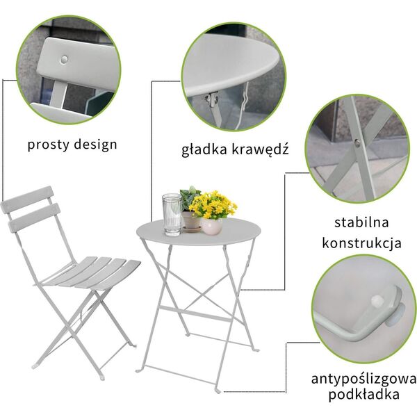 Fancy Garden Zestaw balkonowy Orion stół + 2 krzesła meble do ogrodu Szary