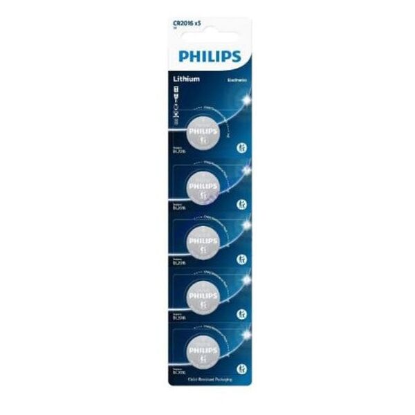 Bateria litowa, CR2016, CR2016, 3V, PHILIPS, blistr, 5-pack, CR2016P5/01B, guzikowa, 75 mAh