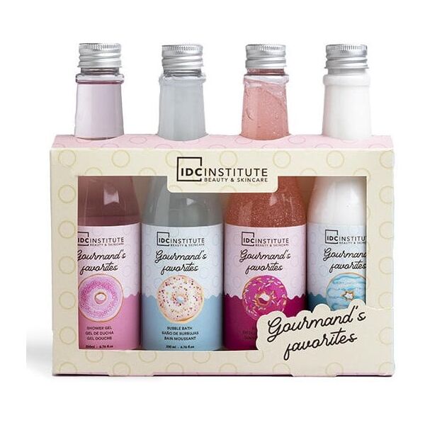 Priežiūros rinkinys IDC Gourmand's: dušo želė, 200 ml + vonios putos, 200 ml + kūno losjonas, 200 ml + šveitiklis, 200 ml