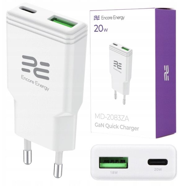 Ładowarka sieciowa SLIM 20W USB-A USB-C QC PD Encore Energy MD-2083ZA standard