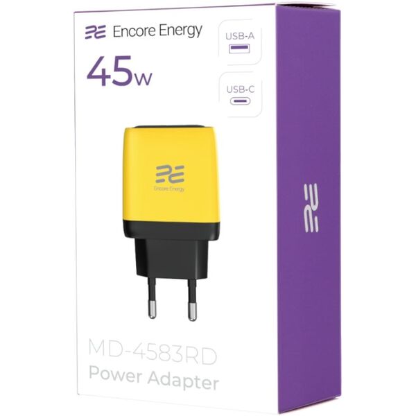 Ładowarka sieciowa Encore Energy GaN QC PD USB-A 18W USB-C 45W MD-4583RD standard