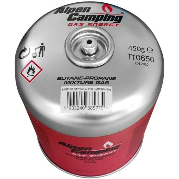 Kartusz gazowy 450g Alpen Camping. certyfikat: Pi 0437, zgodny z EN417, propan-butan, zakres -10°c do+ 40°c, zawór gwintowany 7/