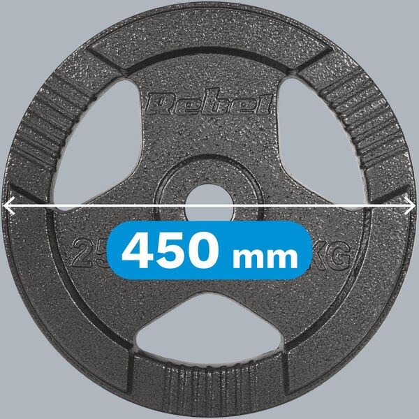 Obciążenie żeliwne olimpijskie 25kg, otwór 51mm, talerz z uchwytami, REBEL ACTIVE