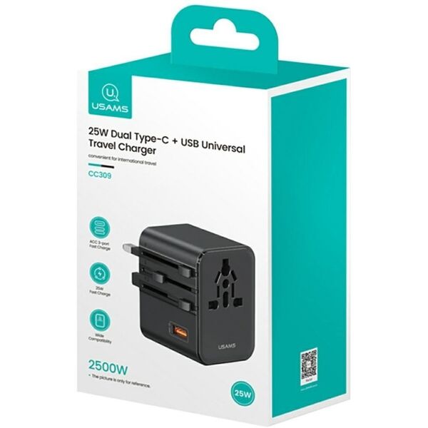Travel Charger Adapter USAMS CC309 2xUSB-C 25W 4in1 US/AU/EU/UK black