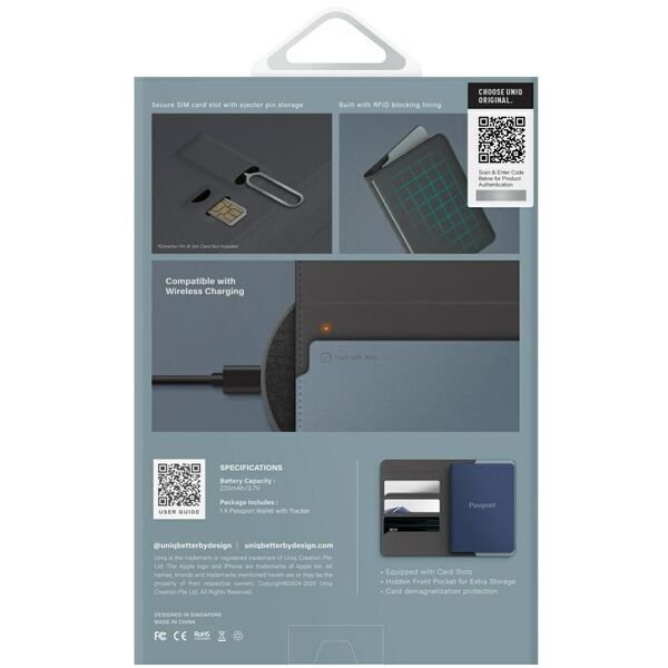 Etui na paszport UNIQ Belmont z Apple    Find My blokada RFID szaro niebieski