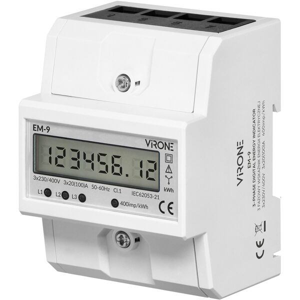 3-fazowy cyfrowy wskaźnik zużycia energii elektrycznej, 100A, 4 moduły, DIN TH-35mm