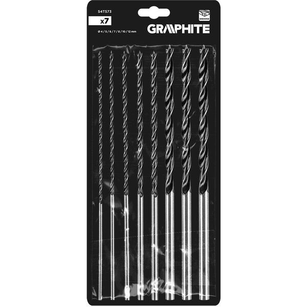 Zestaw wierteł do drewna, przedłużanych: 4, 5, 6, 7, 8, 10, 12 mm x 300 mm, 7 sztuk