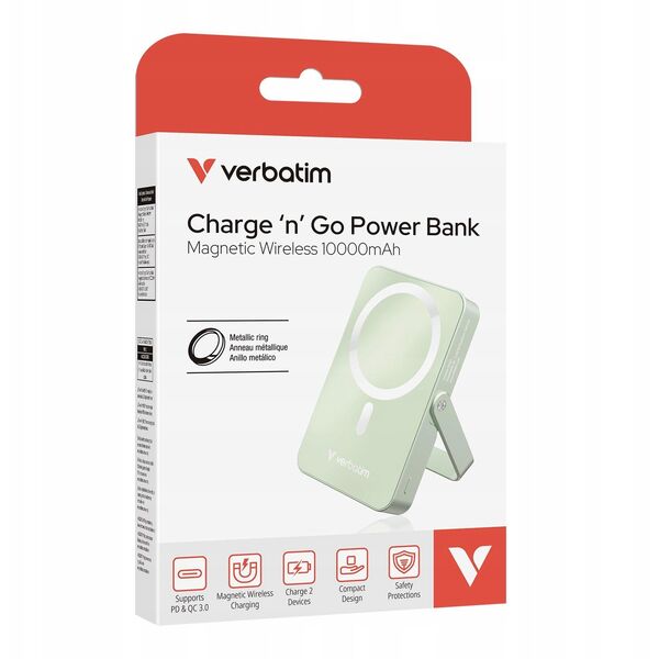 Verbatim, powerbank με ασύρματη φόρτιση, 5V, φόρτιση τηλεφώνου, 32259, 10 000mAh, Μαγνητική τοποθέτηση, πράσινη