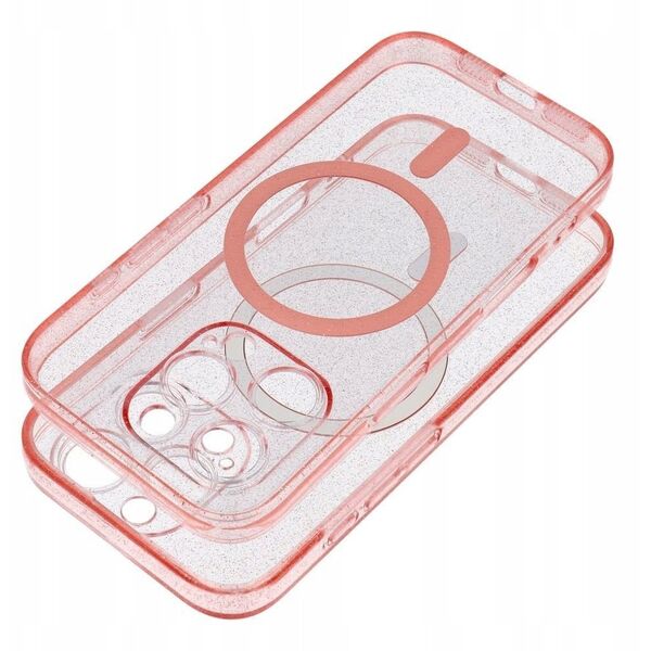 Θήκη CLEAR MAG COVER με προστασία κάμερας συμβατή με MagSafe για IPHONE 15 Pro pink glitter