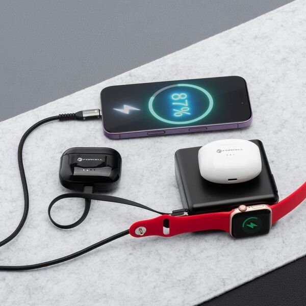 Πολυλειτουργικός φορτιστής Forcell F-Energy 6 σε 1 USB A + USB C PD 45W + power bank 15000 mAh + ασύρματη φόρτιση 15W μαύρη