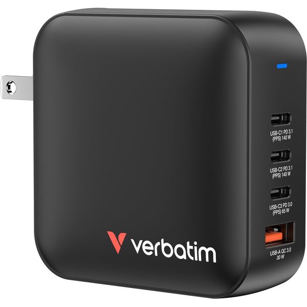 Verbatim, Φορτιστής GaN USB 3.0, USB C, γκρι, 165 W, εναλλάξιμες άκρες C,G,A