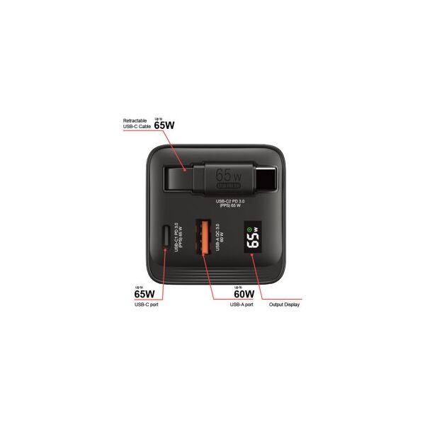 Verbatim, Φορτιστής GaN USB 3.0, USB C, γκρι, 65 W, εναλλάξιμα βύσματα C, G, A, με ενσωματωμένο καλώδιο
