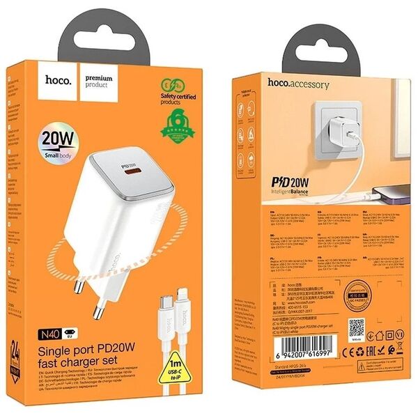 Φορτιστής Hoco N40 20W USB-C + Καλώδιο USB-C Lightning PD QC Λευκή