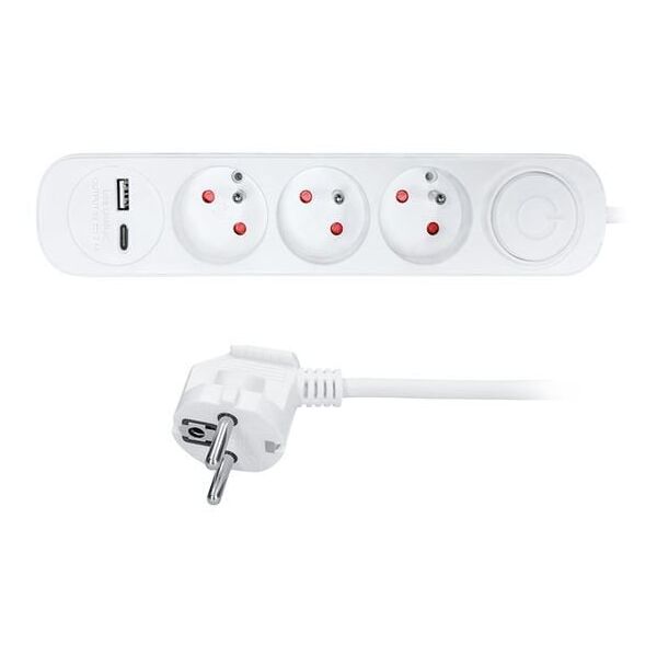 Solight 3z επέκταση με φορτιστή USB A+C 2.4A, 2m, 3 x 1mm2, λευκό, διακόπτης