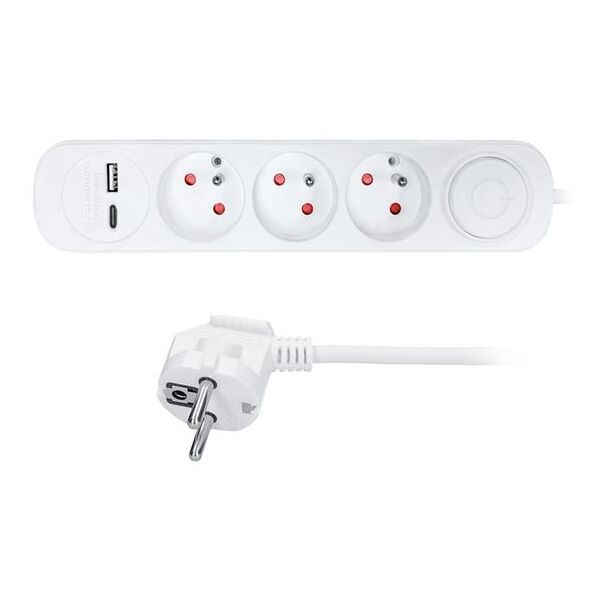 Solight 3z επέκταση με φορτιστή USB A+C 2.4A, 2m, 3 x 1mm2, λευκό, διακόπτης