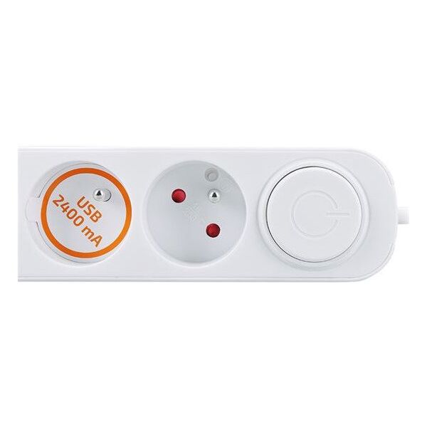 Solight 3z επέκταση με φορτιστή USB A+C 2.4A, 2m, 3 x 1mm2, λευκό, διακόπτης