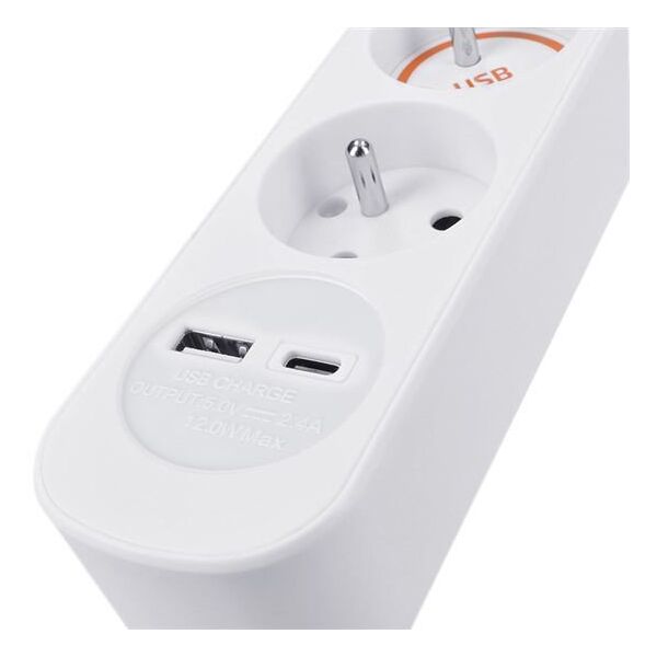 Solight 3z επέκταση με φορτιστή USB A+C 2.4A, 2m, 3 x 1mm2, λευκό, διακόπτης