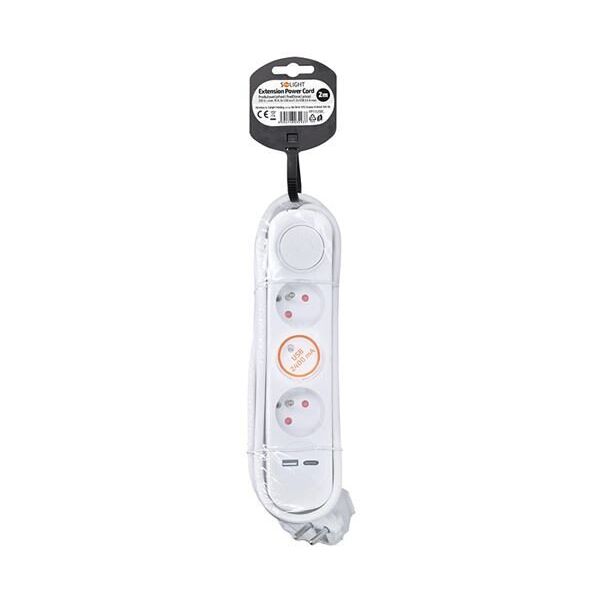 Solight 3z επέκταση με φορτιστή USB A+C 2.4A, 2m, 3 x 1mm2, λευκό, διακόπτης
