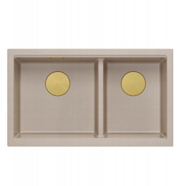 QUADRON | LOGAN 120 | γρανιτένιος νεροχύτης κουζίνας PEARL BEIGE + ΧΡΥΣΟ PVD | διάσταση: 76 x 45 x 23,5 cm | 2-θέσιος εντοιχισμένος | υποδομή ντουλαπιού από: 80 cm