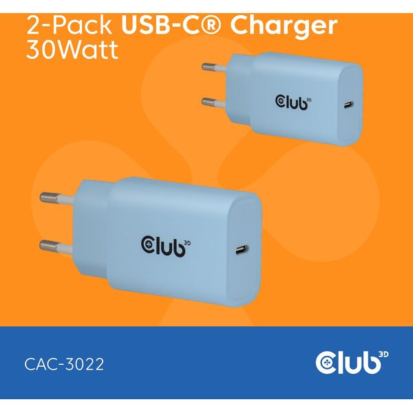 Φορτιστής Club3D Lifestyle USB-C 30Watt, 2 τεμ μπλε λιανική