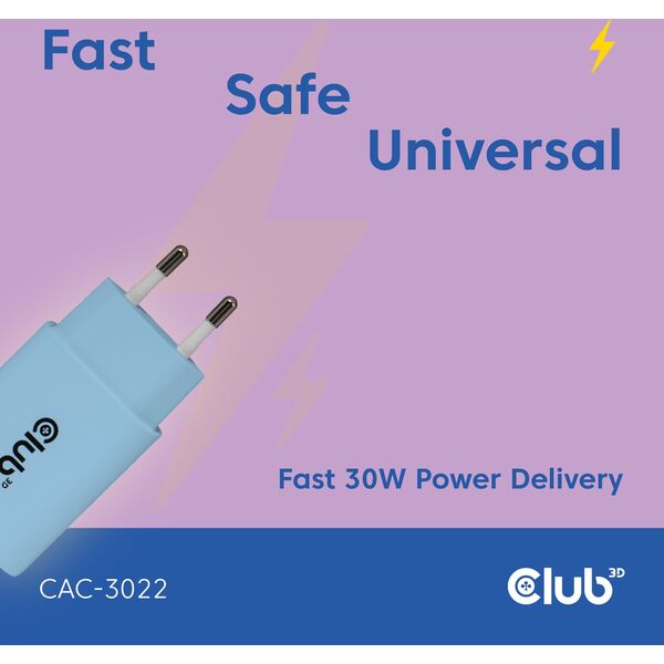Φορτιστής Club3D Lifestyle USB-C 30Watt, 2 τεμ μπλε λιανική
