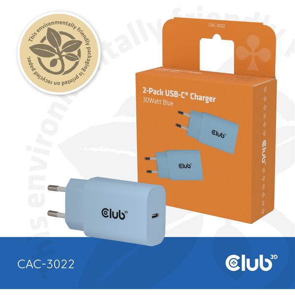 Φορτιστής Club3D Lifestyle USB-C 30Watt, 2 τεμ μπλε λιανική
