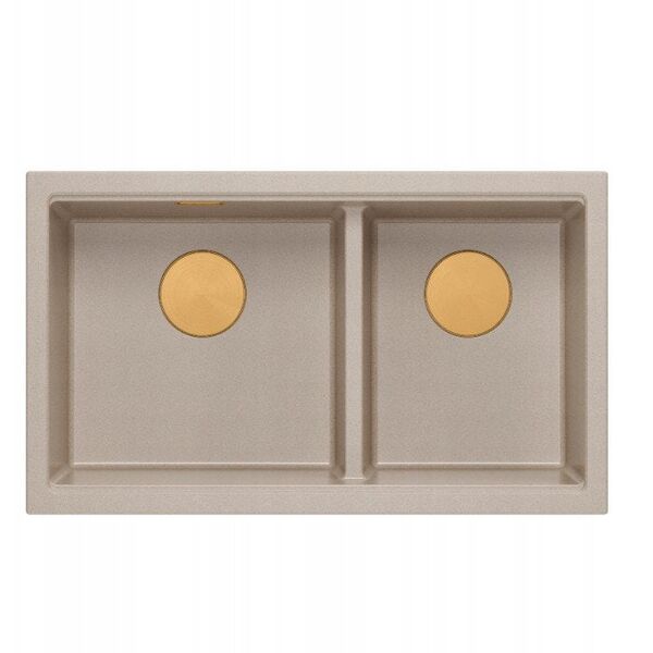 QUADRON | LOGAN 120 | γρανιτένιος νεροχύτης κουζίνας PEARL BEIGE + MIEDŹ PVD | διάσταση: 76 x 45 x 23,5 cm | 2-θέσιος εντοιχισμένος | ελάχιστο πλάτος ντουλαπιού: 80 cm
