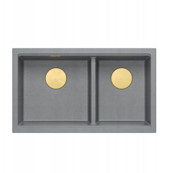 GraniteQ | LOGAN 120 | γρανιτένιος νεροχύτης κουζίνας SILVER STONE + ZŁOTO PVD | διάσταση: 76 x 45 x 23,5 cm | 2-θέσιος εντοιχισμένος | ελάχιστο πλάτος ντουλαπιού: 80 cm