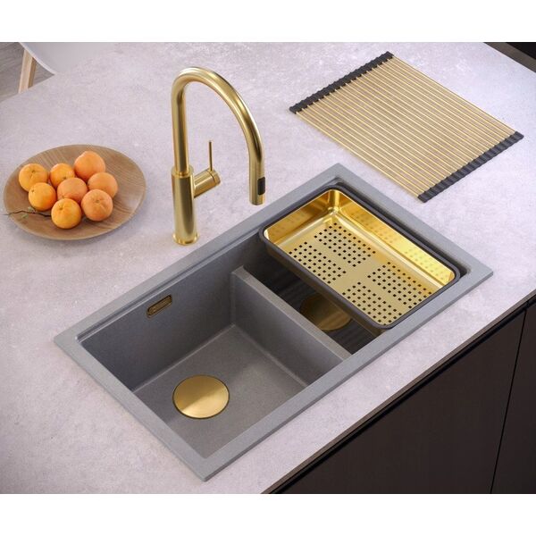 GraniteQ | LOGAN 120 | γρανιτένιος νεροχύτης κουζίνας SILVER STONE + ZŁOTO PVD | διάσταση: 76 x 45 x 23,5 cm | 2-θέσιος εντοιχισμένος | ελάχιστο πλάτος ντουλαπιού: 80 cm