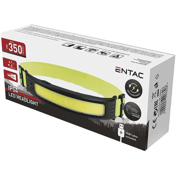 Φακός κεφαλής LED ENTAC, IP54, 5W, 350lm, επαναφορτιζόμενος, USB, +κόκκινο φως, με αισθητήρα