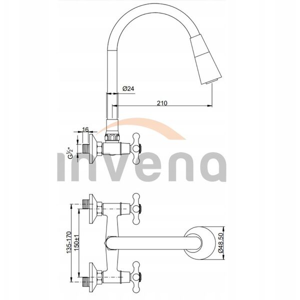 Invena μπαταρία κουζίνας τοίχου Roma, μπεζ/χρώμιο BC-24-E3S-L