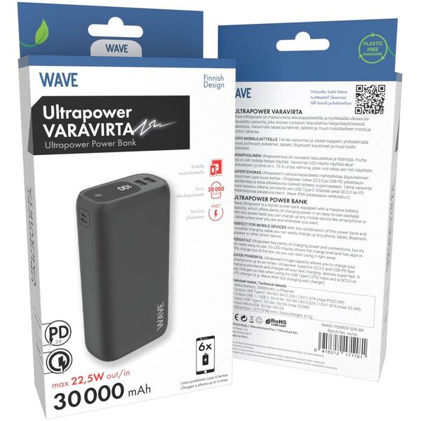 Wave Ultrapower φορητός φορτιστής, 30,000 mAh, μαύρο