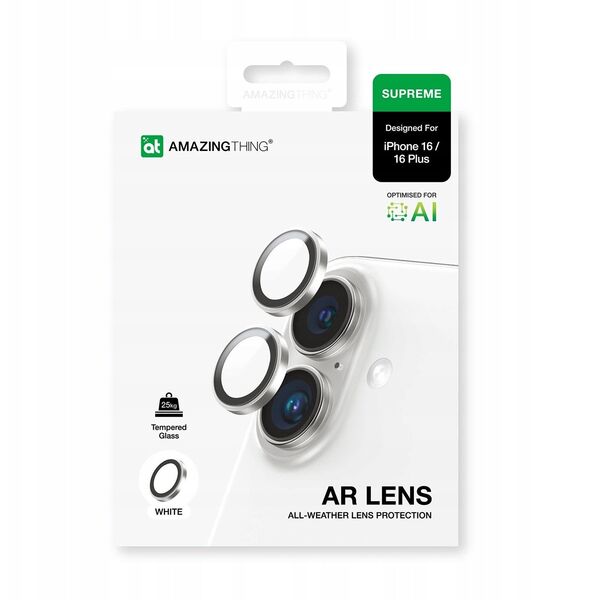 Tempered glass AMAZINGTHING AR Aluminium 2 Lens Glass με πλαίσιο για φακούς κάμερας για iPhone 16 / 16 Plus - λευκό