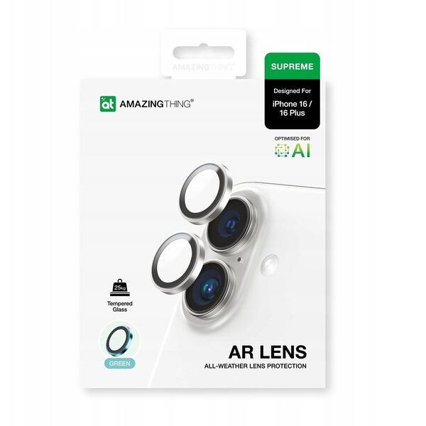 Tempered glass AMAZINGTHING AR Aluminium 2 Lens Glass με πλαίσιο για φακούς κάμερας για iPhone 16 / 16 Plus - πράσινο