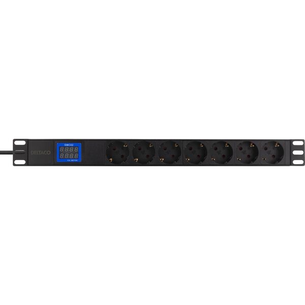 Deltaco 7 θέσεων 19" διανομέας ισχύος, 2500W, CEE 7/3, ψηφιακός μετρητής βολτ / αμπέρ DELTACO μαύρο / GT-8638
