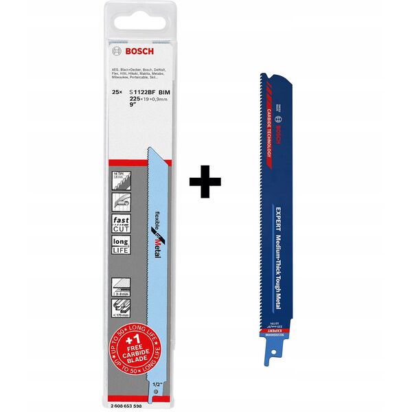 Bosch Professional 25x S 1122 BF + 1x Expert Medium-Thick Tough Metal' S 1155 HHM sabre saw blade (for tough steel, stainless steel