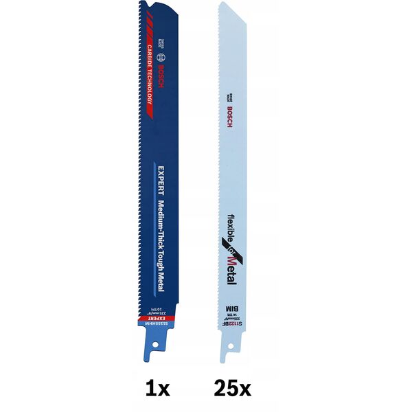 Bosch Professional 25x S 1122 BF + 1x Expert Medium-Thick Tough Metal' S 1155 HHM sabre saw blade (for tough steel, stainless steel