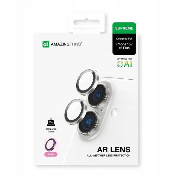 Tempered Glass AMAZINGTHING AR Aluminium 2 Lens Glass με πλαίσιο για φακούς κάμερας για iPhone 16 / 16 Plus - ροζ