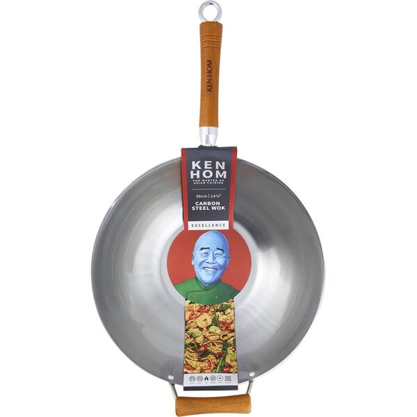 Ken Hom Excellence, Στρογγυλό, Γουόκ/Τηγάνι για Ανακάτεμα, Ατσάλι, Ξύλο, Ανθρακούχο ατσάλι, 36 εκ.