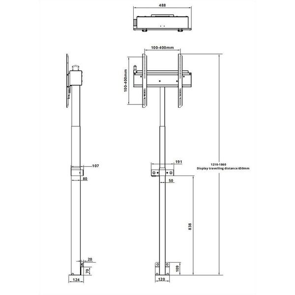 Multibrackets M Μηχανοκίνητη Βάση Δαπέδου 60kg Μαύρο, 60 kg, 81.3 cm (32"), 152.4 cm (60"), 100 x 100 mm, 400 x 400 mm, 1210 - 1860 mm