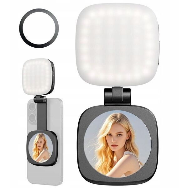 Lampa LED + Lusterko na Magnes do Telefonu MagSafe Zdjęcia Selfie Vlog C140 / Czarny