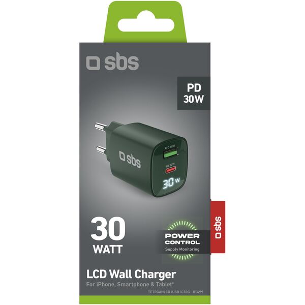 SBS LCD Wall Charger  USB-A  USB-C  LCD  30 W  zala - Ladetajs