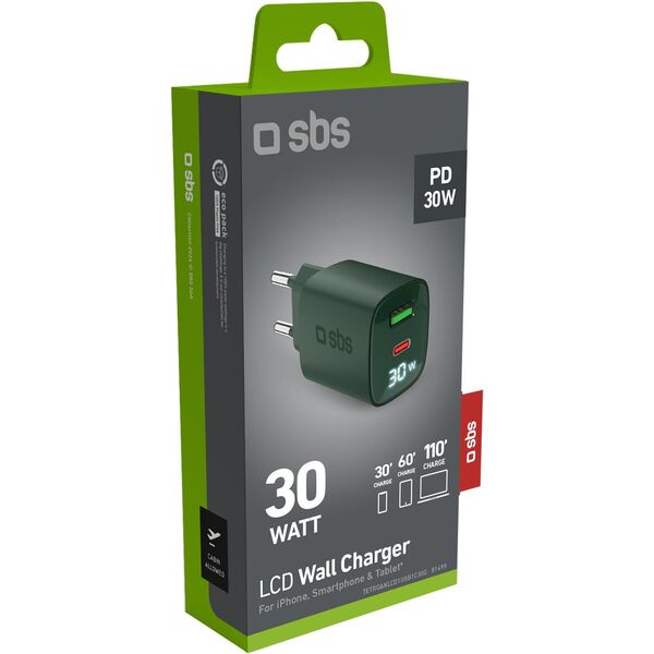 SBS LCD Wall Charger  USB-A  USB-C  LCD  30 W  zala - Ladetajs